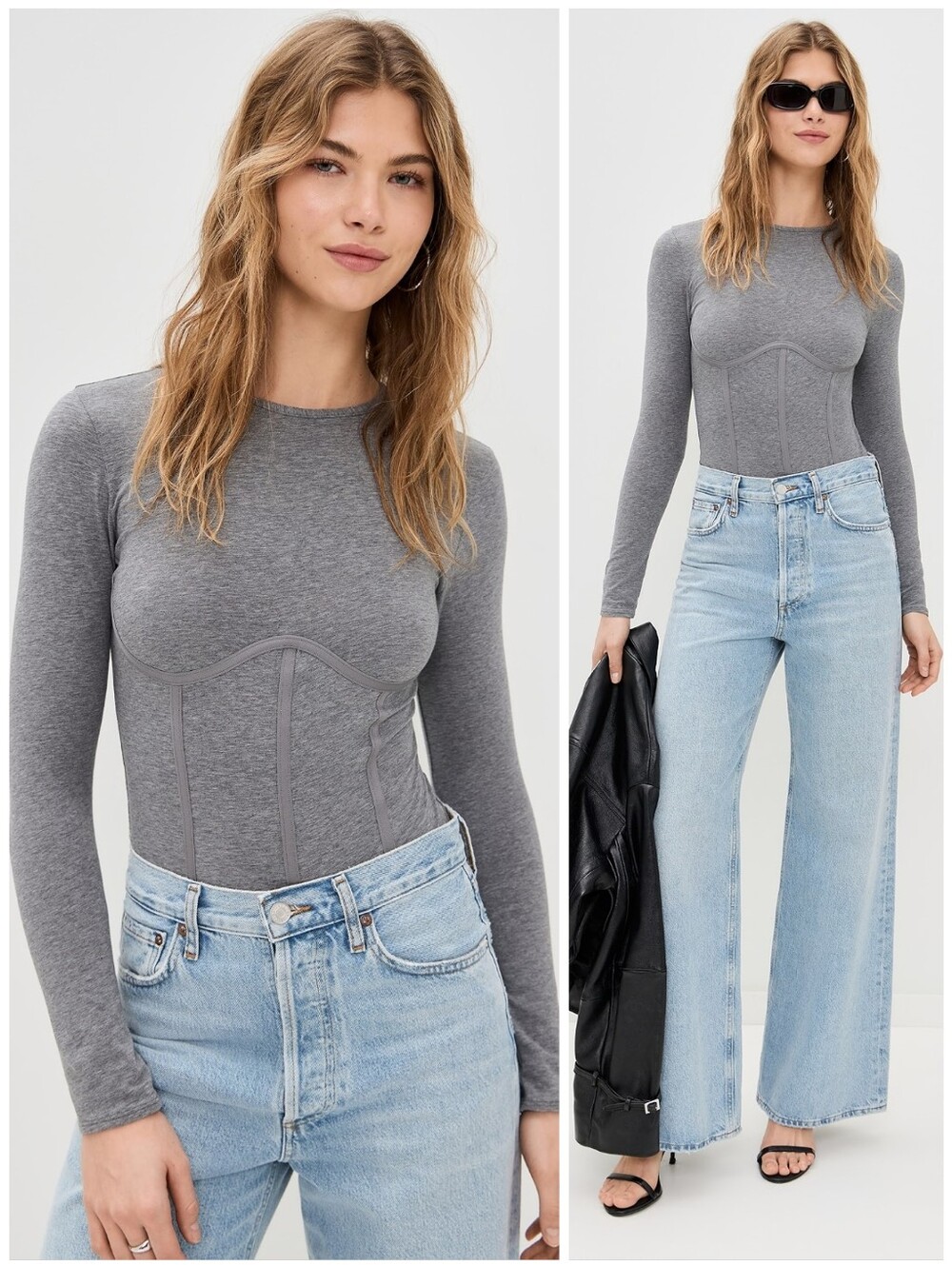 Fleur Du Mal Gray Cotton Long Sleeve Bustier Bodysuit, M - Picture 9 of 9